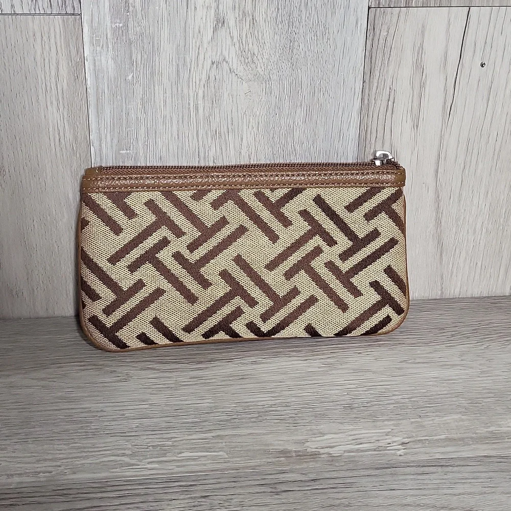 Tignanello Signature Canvas  Wristlet Wallet Pouch Zippered Pockets Leather Trim
